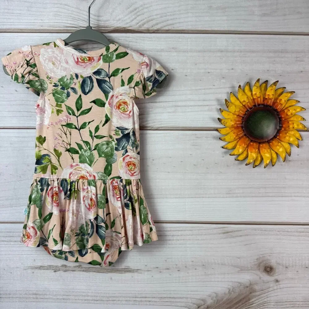 Posh Peanut Harper Floral Bamboo Ruffle Romper Dress 3-6 Months Pink‎ Green